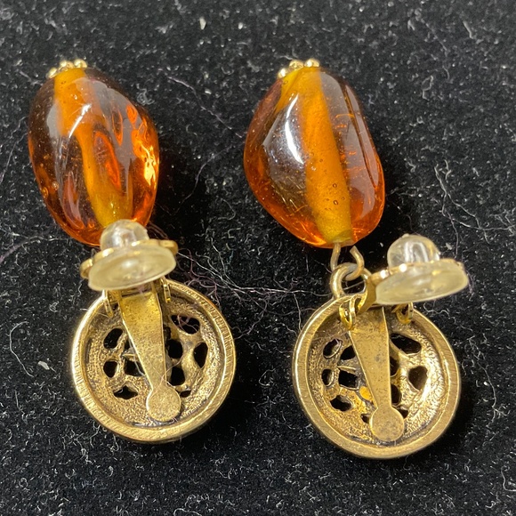 Amber Goldtone Dangle Clip Earrings - Picture 4 of 6